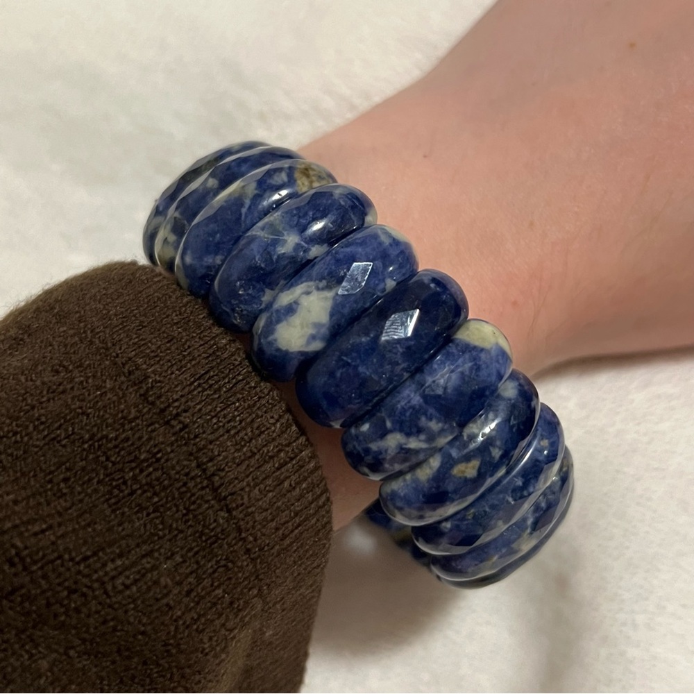 Blue & White Faceted Sodalite Stone Stretch Beaded Bracelet Real Gemstone